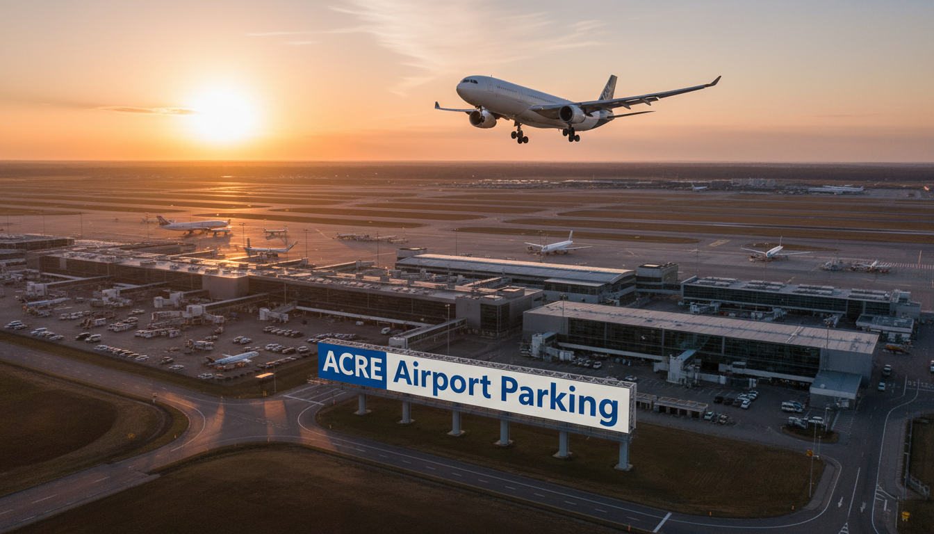 Aeroplane flying over airport, with 'ACRE Airport Parking' banner visible in the photo